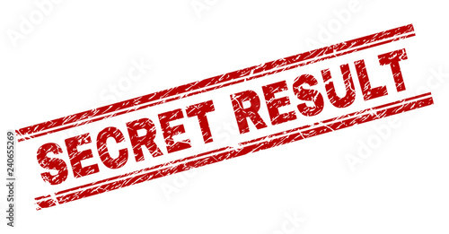SECRET RESULT seal imprint with corroded texture. Red vector rubber print of SECRET RESULT text with unclean texture. Text label is placed between double parallel lines.