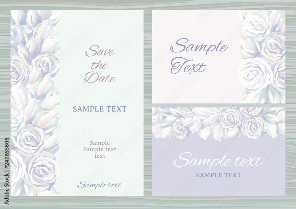 Floral  border with many white roses. Vector set of  templates with flowers background for wedding invitation cards  
