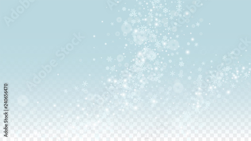 Christmas  Vector Background with White Falling Snowflakes Isolated on Transparent Background. Realistic Snow Sparkle Pattern. Snowfall Overlay Print. Winter Sky. Design for Party Invitation.