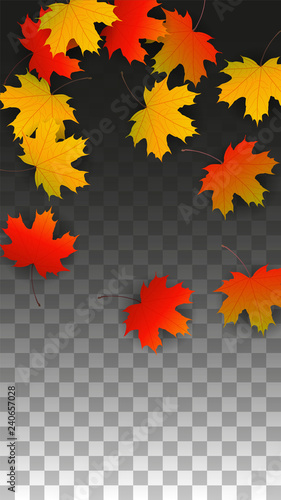 September Vector Background with Golden Falling Leaves. Autumn Illustration with Maple Red, Orange, Yellow Foliage. Isolated Leaf on Transparent Background. Bright Swirl. Suitable for Posters.