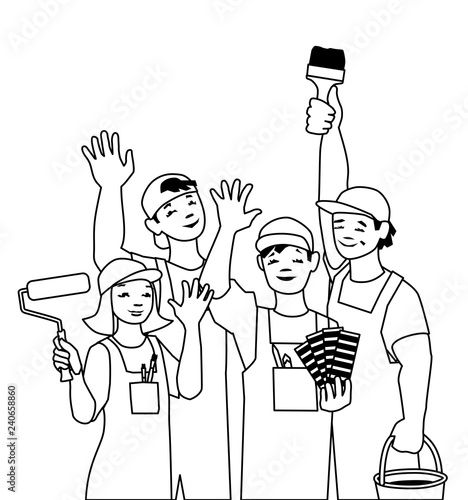 Vector illustration of working team, craftsmen painter.