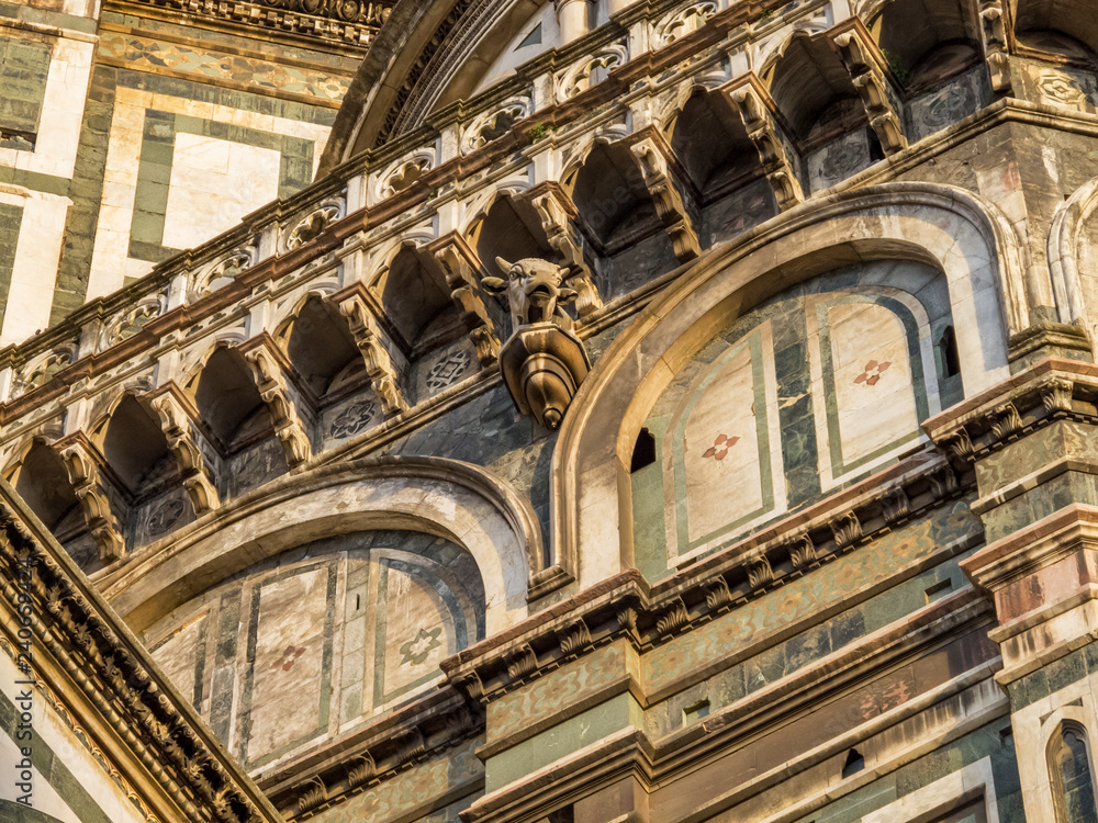 Head of a cow on the Florence Cathedral of Santa Maria del Fiore, Saint Mary of the Flower, architectural detail, in Florence, Italy