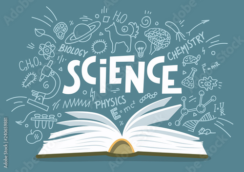 Stack of books with science education doodles