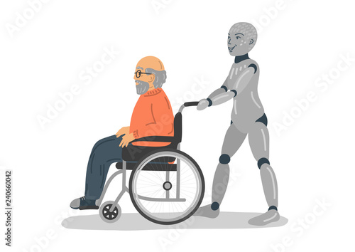 Robot caring for disabled senior man in wheelchair. 