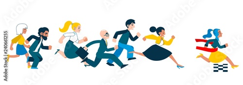 Business success and competition concept with people in suits running in flat style - isolated vector illustration of race with businesswoman crossing finish line and tearing red ribbon.