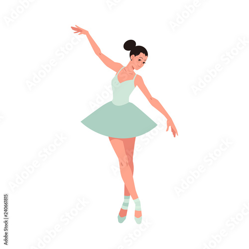 Vector elegant ballerina in green tutu dress, dancing on pointe shoes. Female beautiful classic theater dancer character on isolated background. Ballet artist illustration