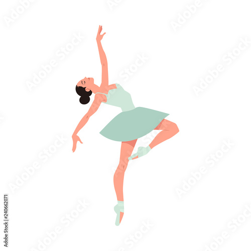 Young ballerina in tutu and pointe shoes dancing isolated on white background - vector illustration of beautiful female character performing classical ballet dance in flat style.