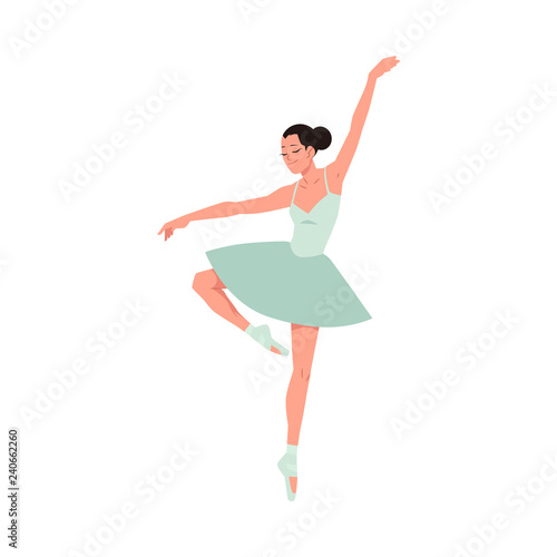 Young ballerina in tutu and pointe shoes dancing isolated on white background. Vector illustration of beautiful female character performing classical ballet dance in flat style.