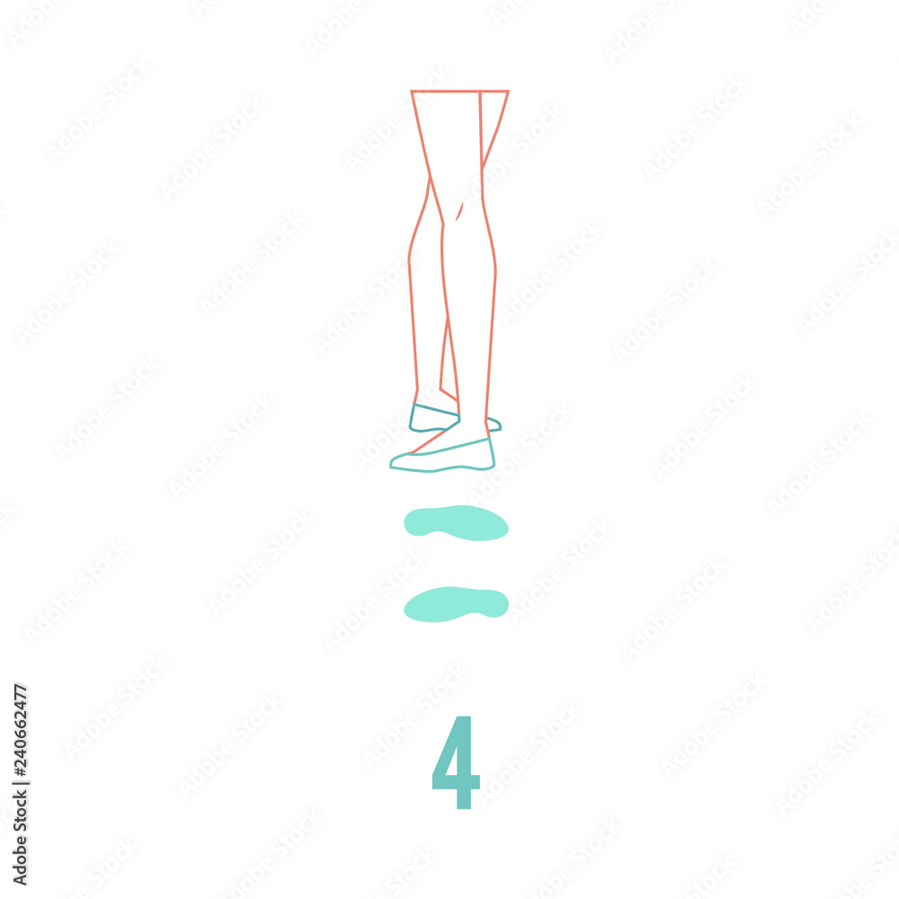 Naklejka premium Ballerina feet in pointe shoes standing in fourth ballet traditional position in flat line style isolated on white background. Vector illustration of female legs performing classical ballet technique.