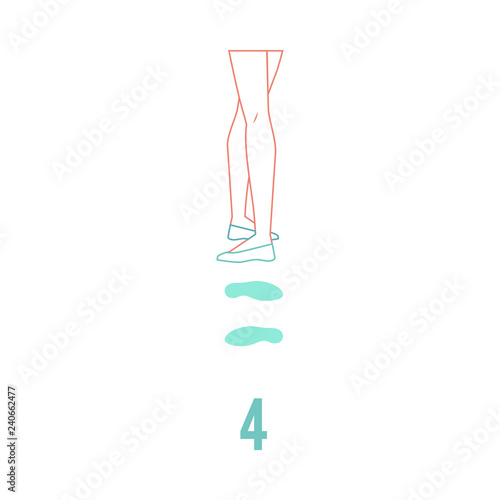 Ballerina feet in pointe shoes standing in fourth ballet traditional position in flat line style isolated on white background. Vector illustration of female legs performing classical ballet technique.