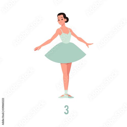 Vector elegant ballerina in green tutu dress, showing ballet positions, element dancing on pointe shoes. Female beautiful classic theater dancer character isolated. Ballet artist illustration