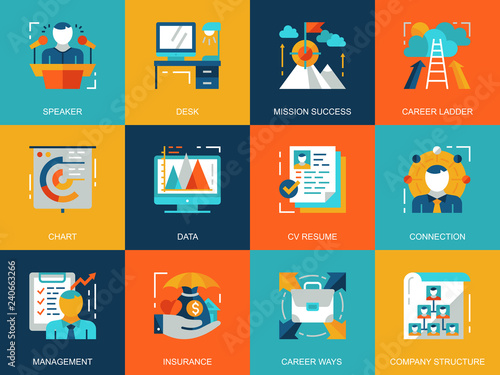 Flat conceptual management icons concepts set for website and mobile site and apps. Business company structure, human resources. Flat style pictogram pack. Vector illustration.