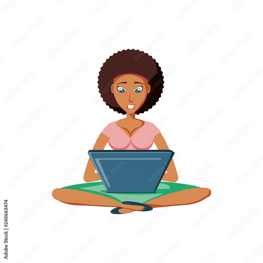 woman black sitting with laptop computer woman black sitting with laptop computer
