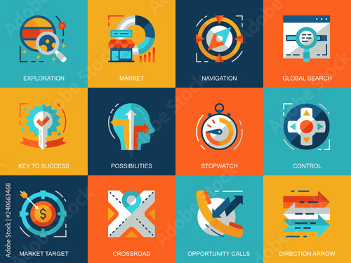 Flat conceptual business elements icons concepts set for website and mobile site and apps. Symbols and new leadership metaphors. Flat style pictogram pack. Vector illustration.