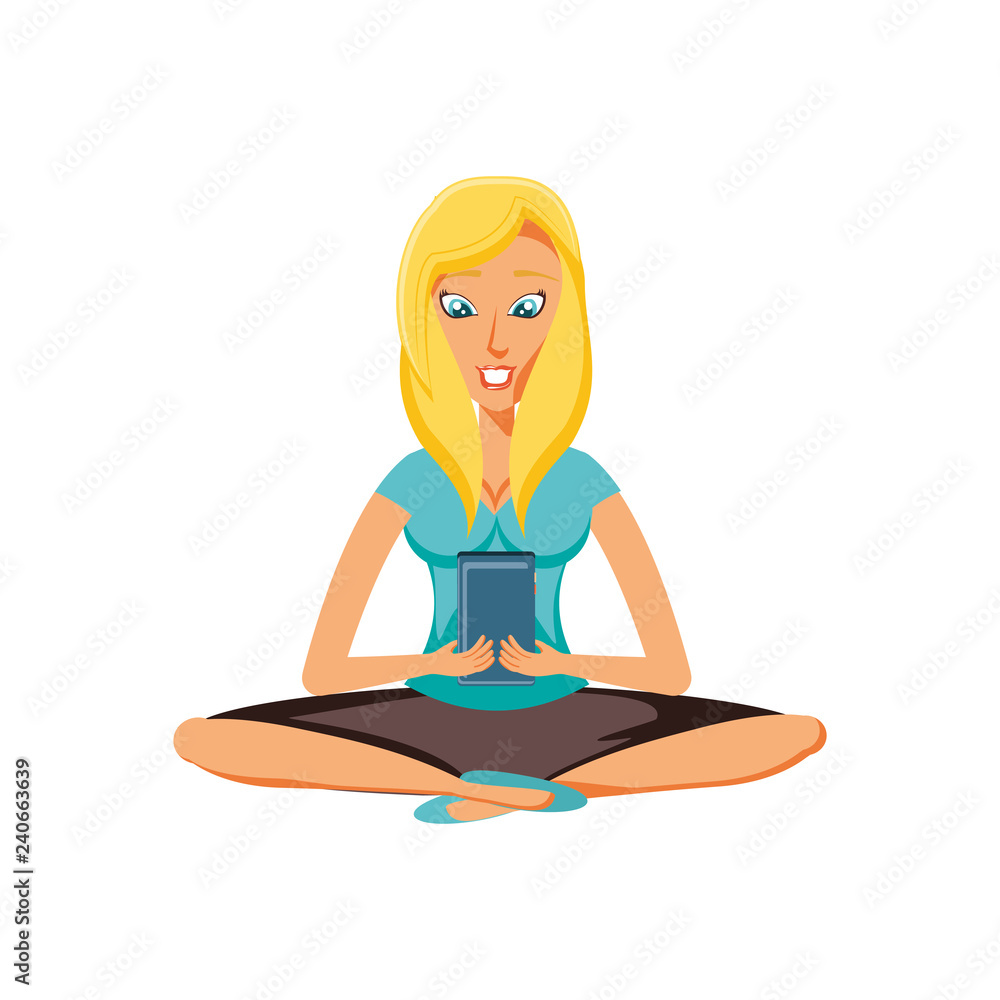 woman sitting with smartphone device woman sitting with smartphone device