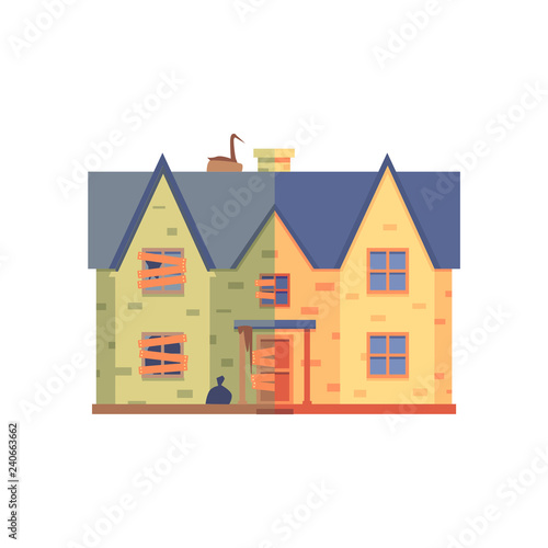 Vector house renovation concept with private house before and after repair work. Modern building exterior after repairment icon. Isolated illustration