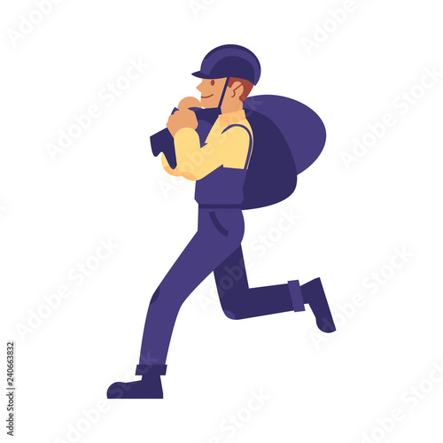vector construction work handyman character, builder in overall, protective hat carrying construction garbage bags. Professional repairman, constructor in uniform. Isolated illustration