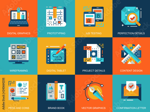 Flat conceptual creative process icons concepts set for website and mobile site and apps. Digital graphics content making, design project workflow. Flat style pictogram pack. Vector illustration.