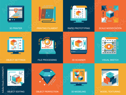 Flat conceptual 3D printing and modeling icons concepts set for website and mobile site and apps. Volumetric object scanning, scaling technology. Flat style pictogram pack. Vector illustration.