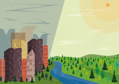 Example of microclimate. A big city on one side of the river has a rainy and foggy weather, than other bank is sunny