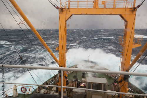 Ocean waves during a storm from the window of the cabin