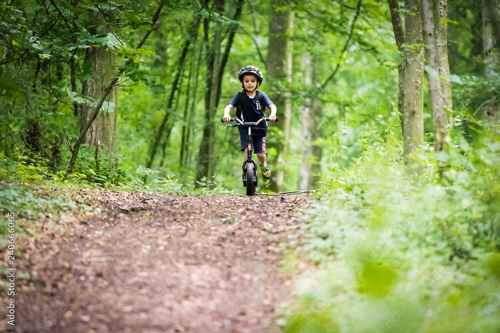 Petit garçon en trottinette sur un chemin dans un bois