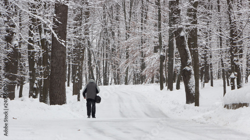 Man walking in snowy forest road On a frosty day