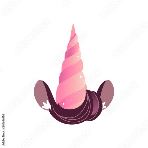 Unicorn pink horn with mane and ears vector illustration in cartoon style - cute fairy animal element for birthday party photo booth props or invitation design isolated on white background.