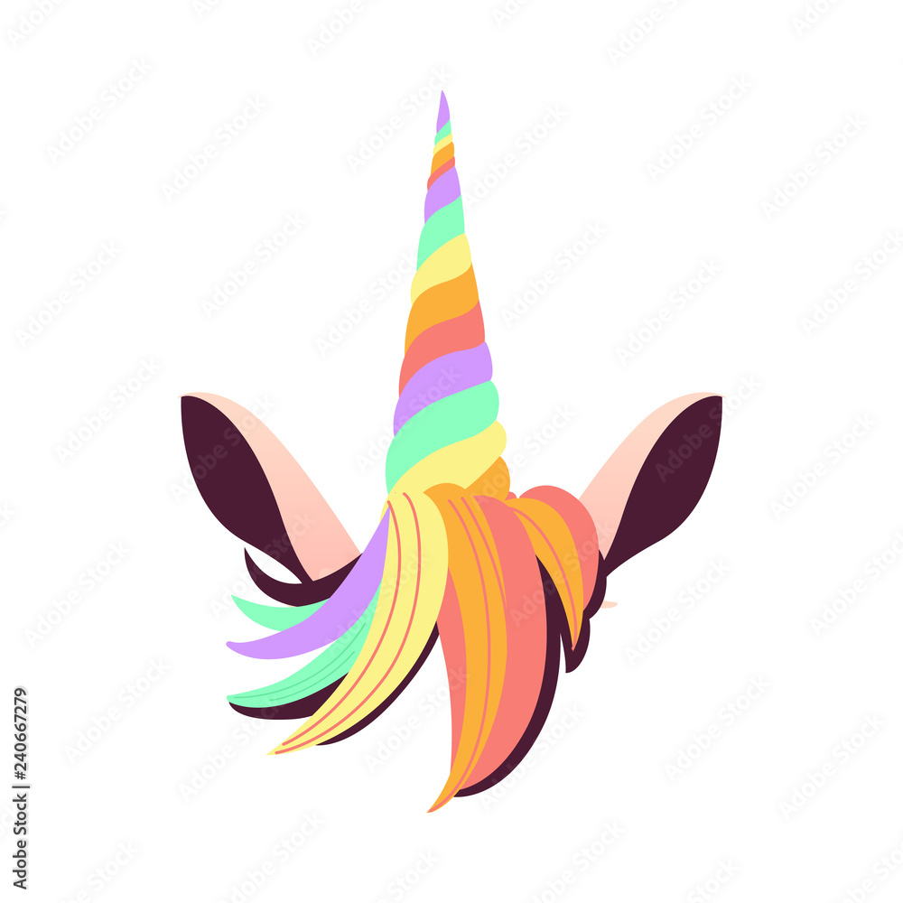 Unicorn rainbow colored horn with hair and ears vector illustration ...