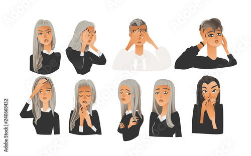 Vector beautiful young woman with negative emotions set. Blonde and brunette girl with sad, angry, terrified and exhausted facial expression collection. Isolated illustration