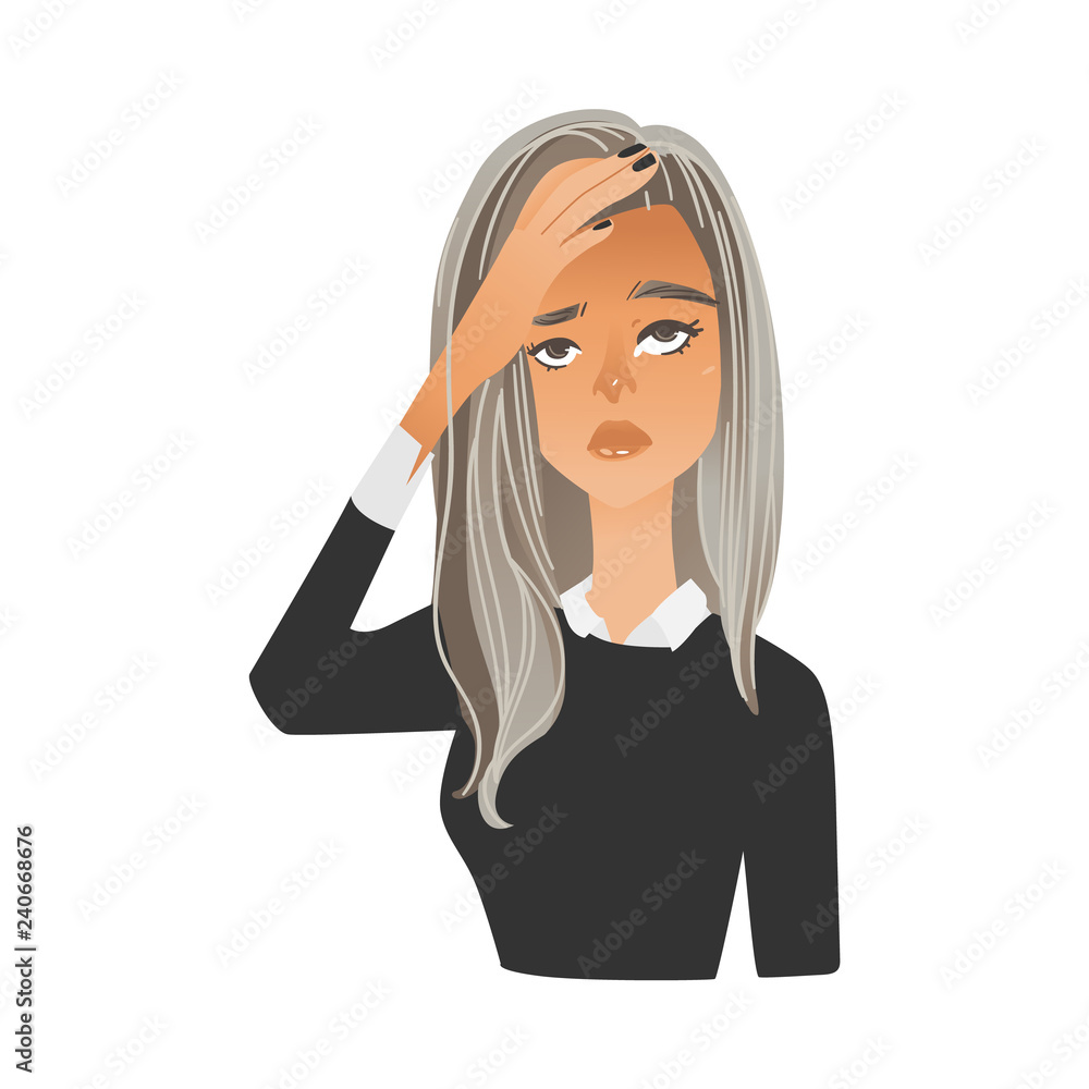 Vector illustration of anxious young woman having negative frustrated expression or headache isolated on white background. Flat cartoon female character holding hand on her head. Vector illustration of anxious young woman having negative frustrated expression or headache isolated on white background. Flat cartoon female character holding hand on her head.