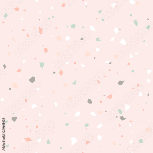Terrazzo flooring textured surface modern abstract pattern. Vector seamless abstract repeat with chips of marble or granite in soft pastel  colors.