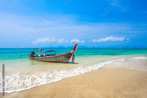 Long tail boat on tropical beach  Krabi  Thailand
