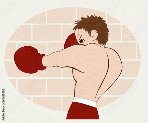 Young boxer in  red shorts trained against a brick wall. Isolated illustration for emblem, label, badge, flyer, leaflet. Horizontal. Vector with noise and texture, marble textured background.