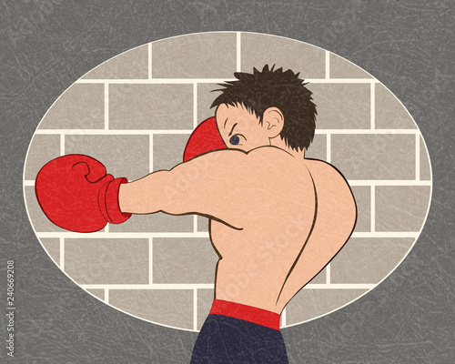 Young boxer in blue shorts trained against a brick wall. Isolated illustration for emblem, label, badge, flier, leaflet or etc. Vector with noise and texture, marble textured background. Horizontal