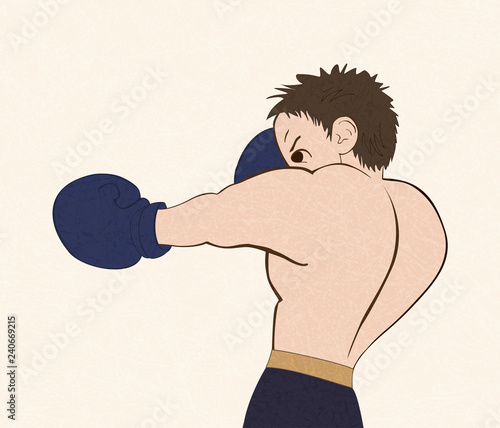Young boxer in  dark shorts trained on white background. Colored isolated  illustration for emblem, label, badge, flier, leaflet. Vector with noise and texture, marble textured background. Horizontal