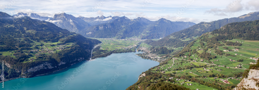 Walen Lake panorama aerial view at Amden village, Switzerland