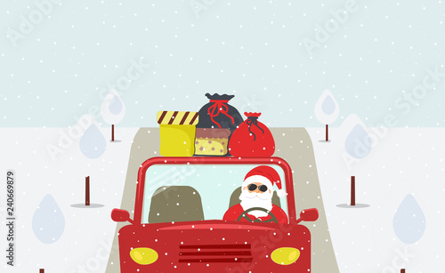 Christmas eve: macho Santa Claus in black sunglasses going on holiday in a red car.Santa's bags and boxes with gifts on the roof of the auto.Snow is falling.Snow-covered trees.Vector flat illustration