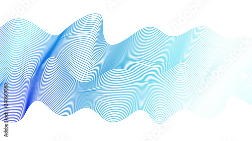 Bright blue dynamical waveform. Pulsating line art design element. Abstract wavy striped pattern on white background. Elegant flowing vector waves, silk ribbon imitation. EPS10 illustration