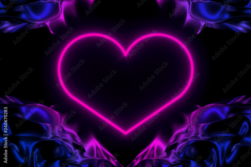 The silhouette of a glowing neon heart on the background of shiny stripes. 3D illustration