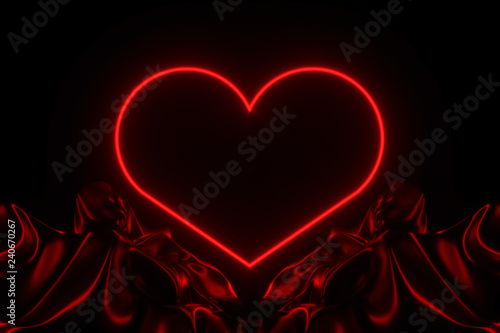 The silhouette of a glowing neon heart on the background of shiny stripes. 3D illustration