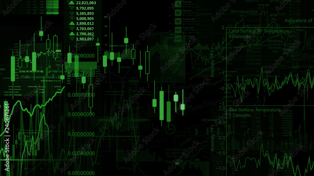 3D rendering of stock indexes in virtual space. Economic growth, recession