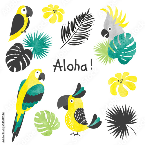 Set of cute yellow watercolor parrors. Vector collection of tropical birds and palm leaves.