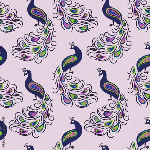 Seamless hand drawn peacock pattern. Vector background with beautiful birds.