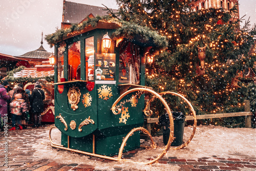 Photography Christmas market and the main Christmas tree located at the Dome square in old Riga, Latvia