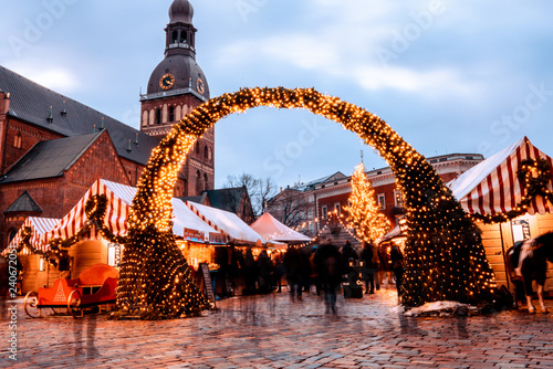 Christmas market and the main Christmas tree located at the Dome square in old Riga, Latvia. 