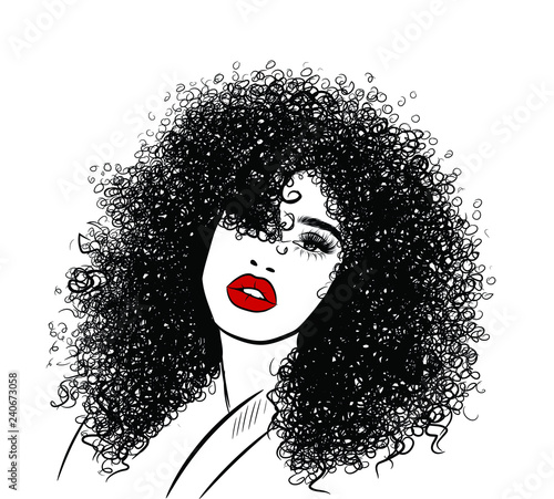 Curly beauty girl illustration isolated on clear background with long hair. Hand draw idea for business cards, templates, web, brochure, posters, postcards, salon