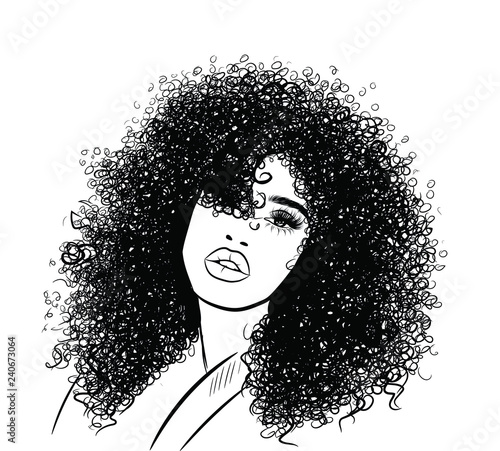 Curly beauty girl illustration isolated on clear background with long hair. Hand draw idea for business cards, templates, web, brochure, posters, postcards, salon