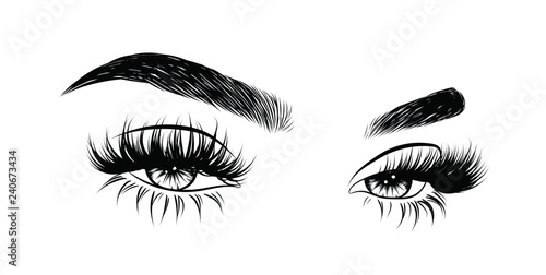 Abstract fashion illustration of the eye with creative makeup. Hand drawn vector idea for business visit cards, templates, web, salon banners,brochures. Natural eyebrows and glam eyelashes