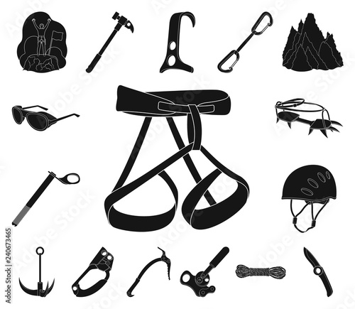 Mountaineering and climbing black icons in set collection for design. Equipment and accessories vector symbol stock web illustration.